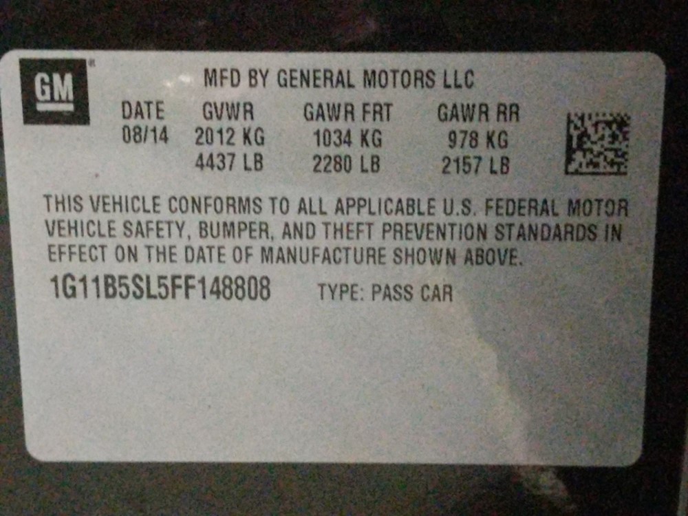 2015 Chevrolet Malibu - VIN Plate