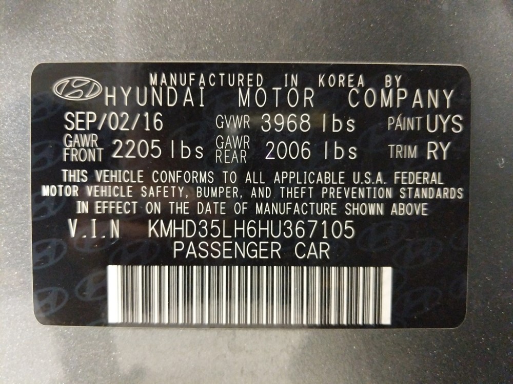 2017 Hyundai Elantra - VIN Plate