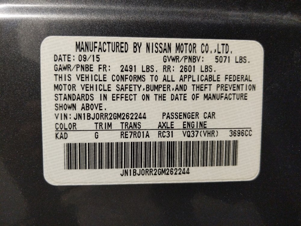 2016 INFINITI QX50 - VIN Plate