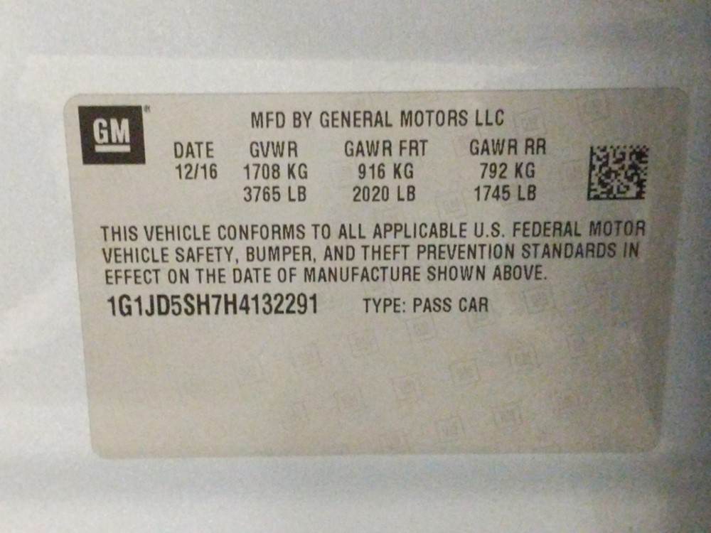 2017 Chevrolet Sonic - VIN Plate