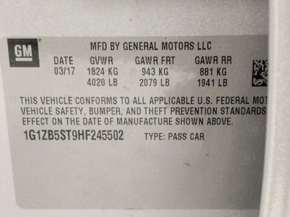 2017 Chevrolet Malibu - VIN Plate