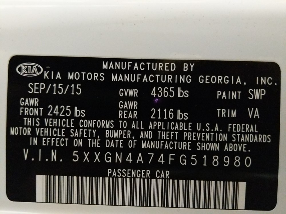 2015 Kia Optima - VIN Plate