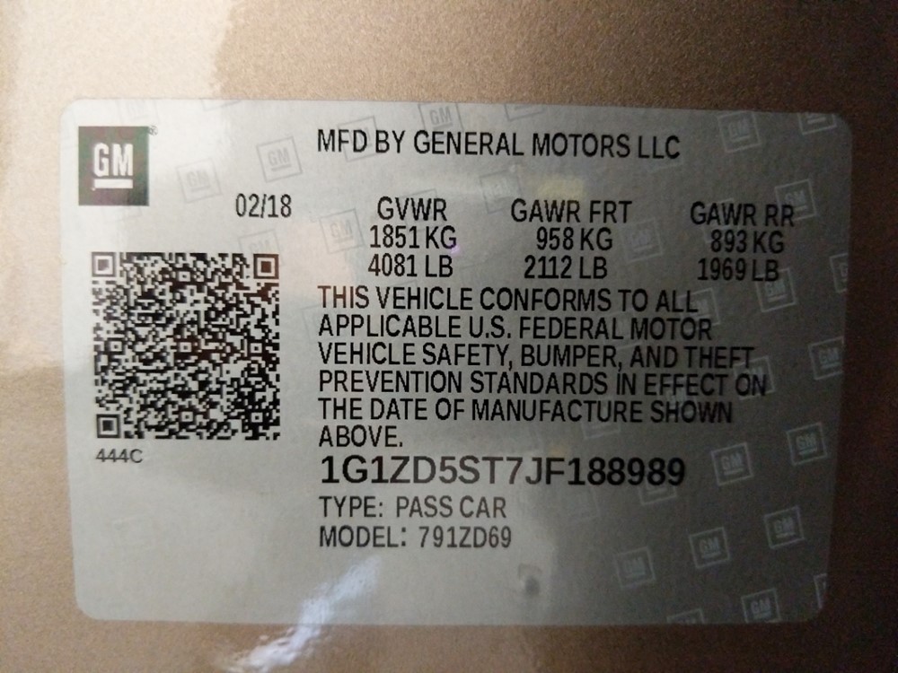 2018 Chevrolet Malibu - VIN Plate