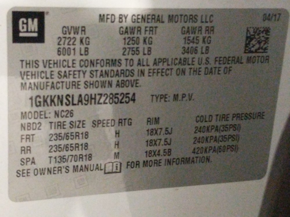 2017 GMC Acadia - VIN Plate