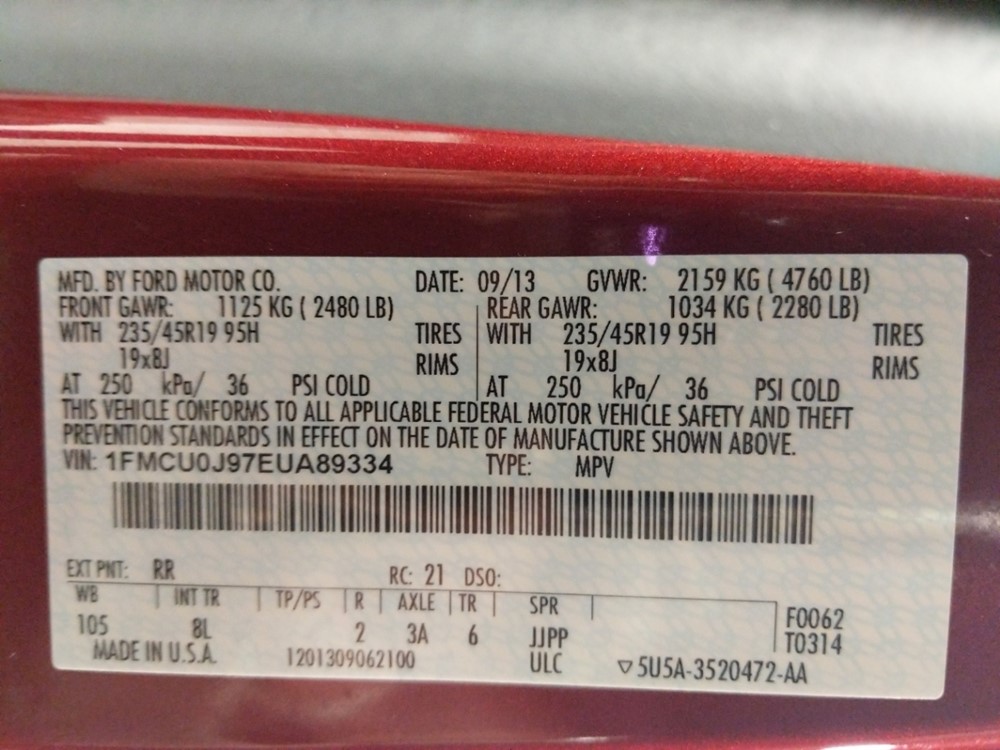 2014 Ford Escape - VIN Plate