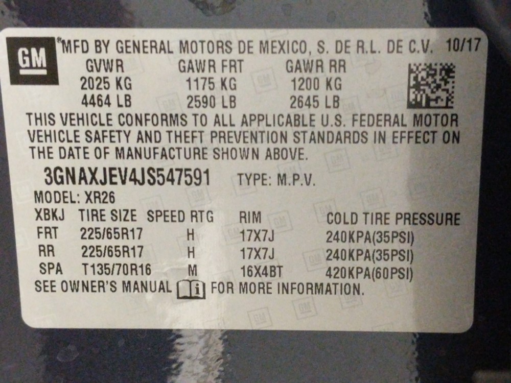 2018 Chevrolet Equinox - VIN Plate