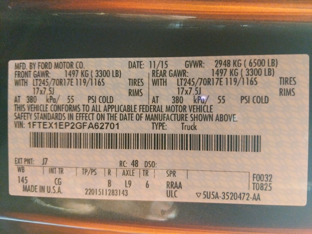2016 Ford F-150 - VIN Plate
