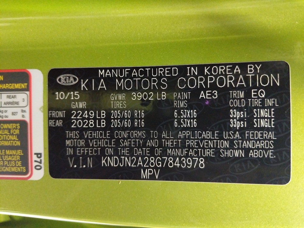 2016 Kia Soul - VIN Plate