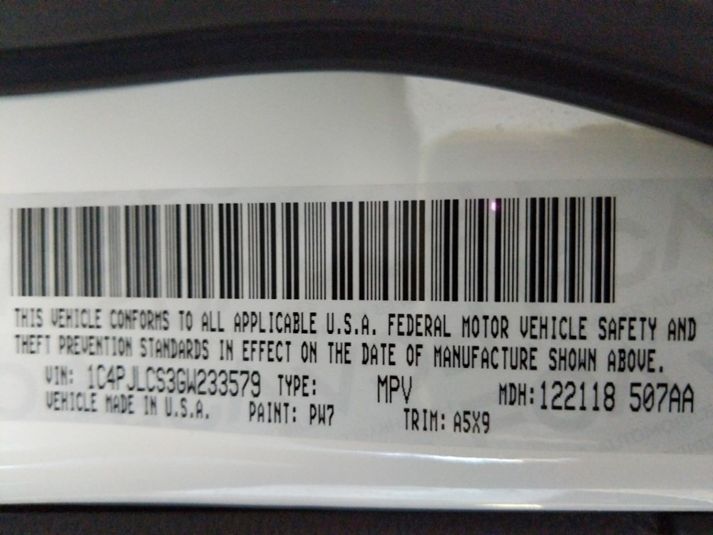 2016 Jeep Cherokee - VIN Plate