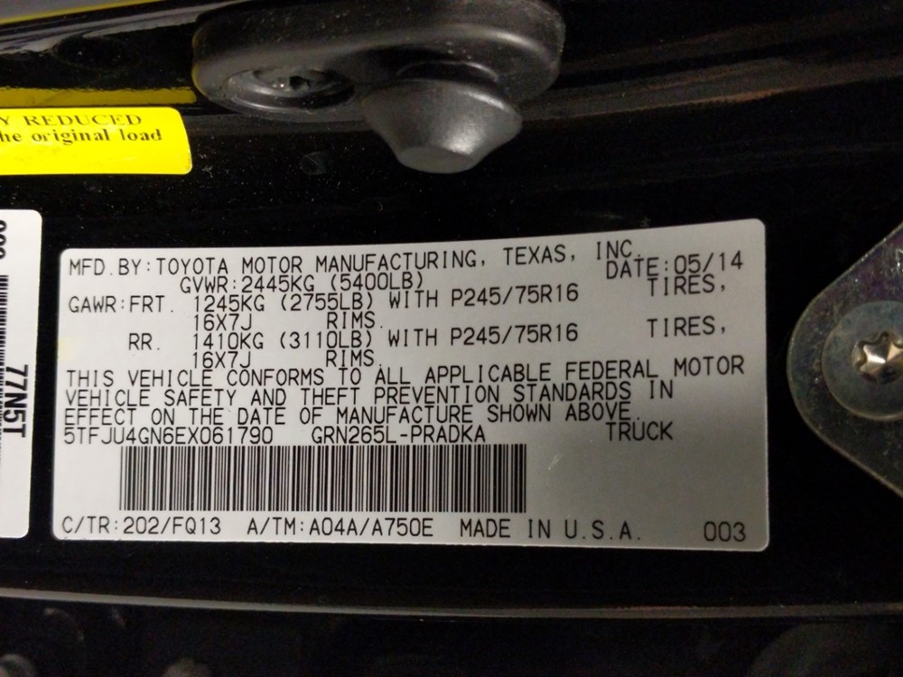 2014 Toyota Tacoma - VIN Plate