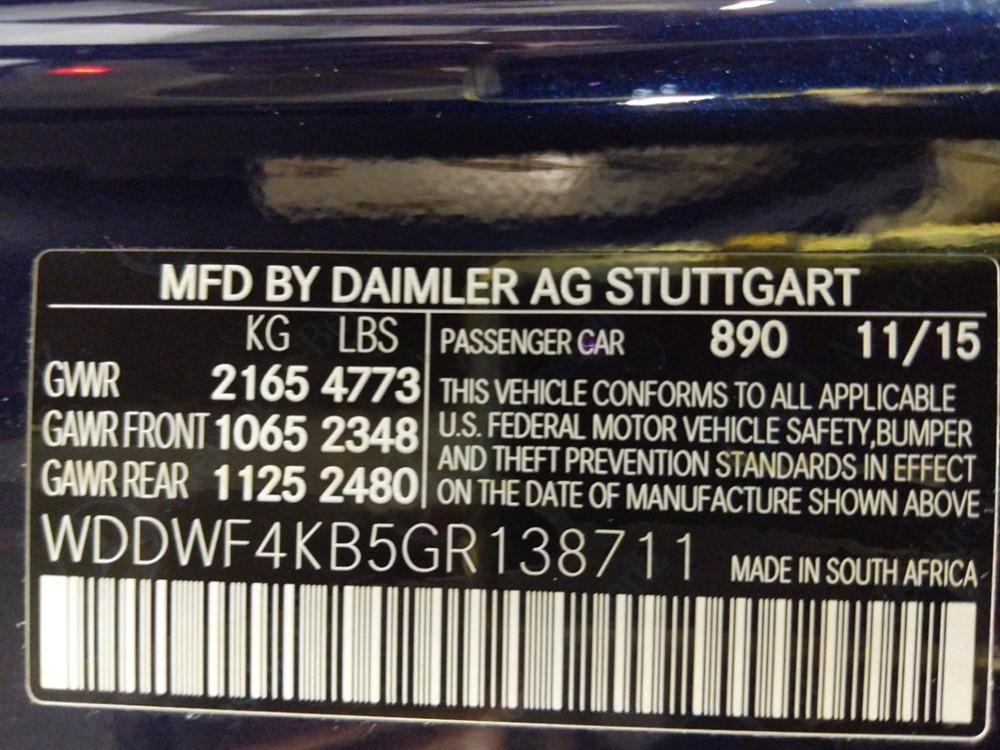 2016 Mercedes-Benz C300 - VIN Plate