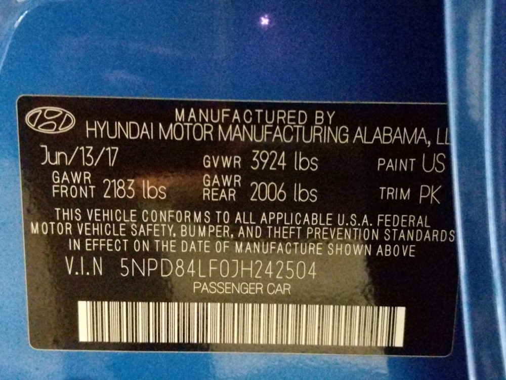 2018 Hyundai Elantra - VIN Plate