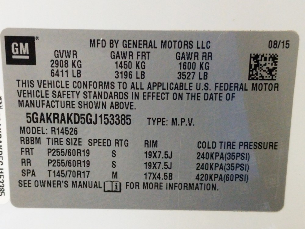 2016 Buick Enclave - VIN Plate