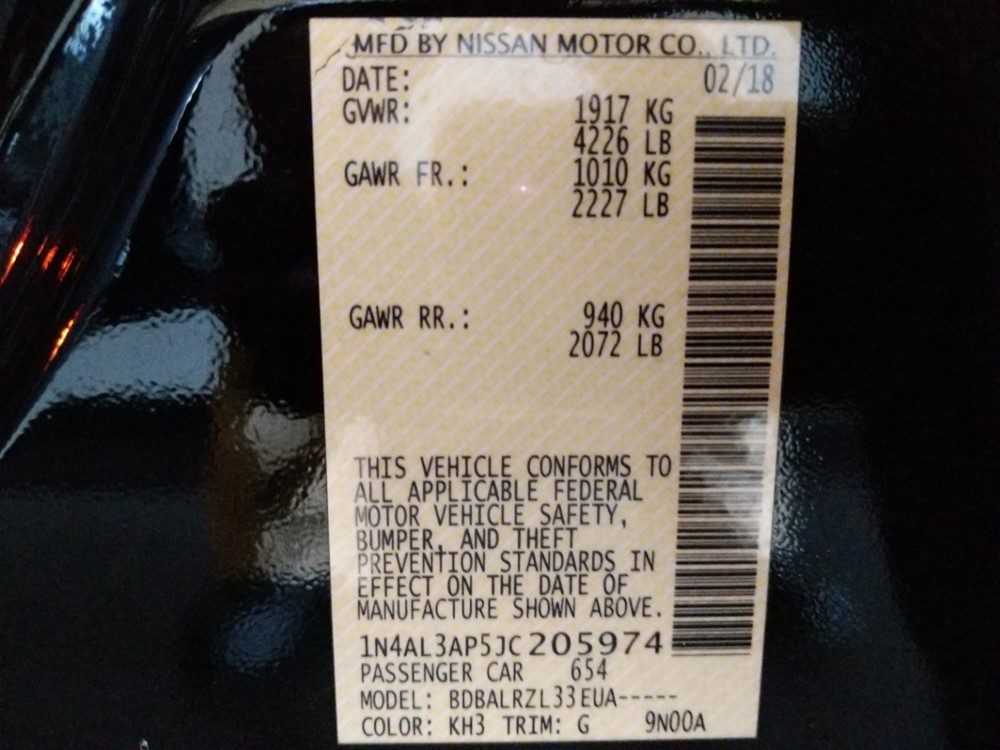 2018 Nissan Altima - VIN Plate