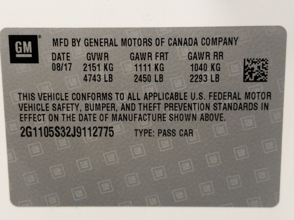 2018 Chevrolet Impala - VIN Plate