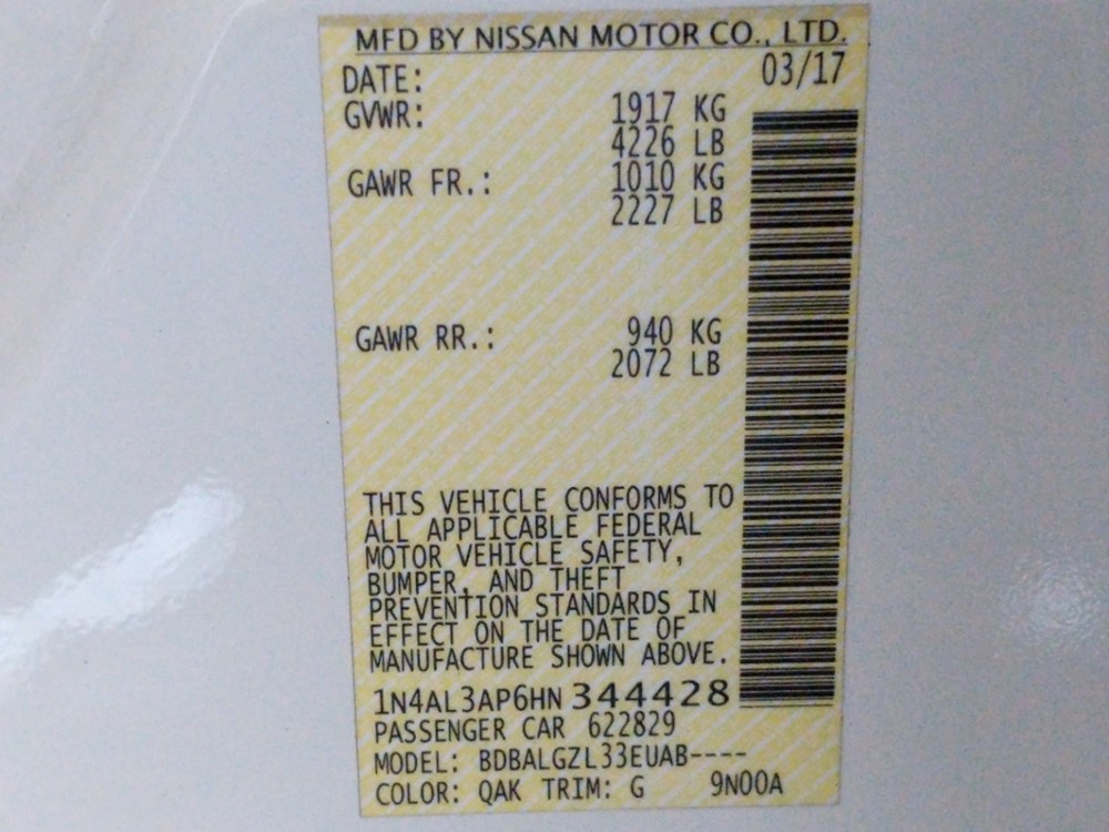 2017 Nissan Altima - VIN Plate