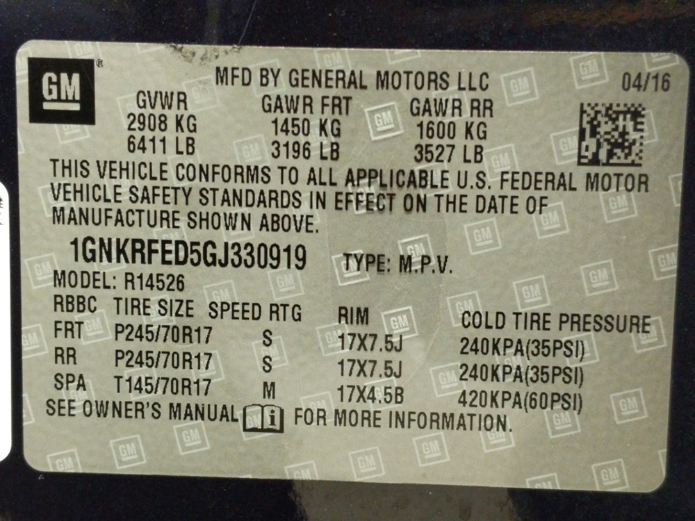 2016 Chevrolet Traverse - VIN Plate