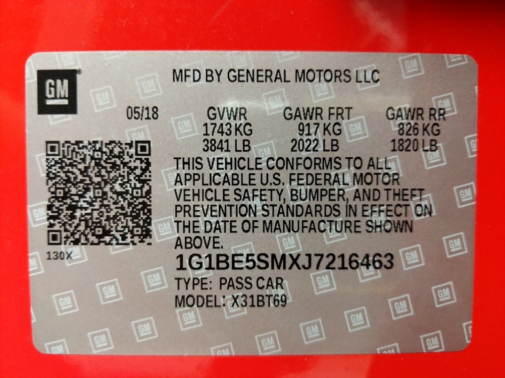 2018 Chevrolet Cruze - VIN Plate