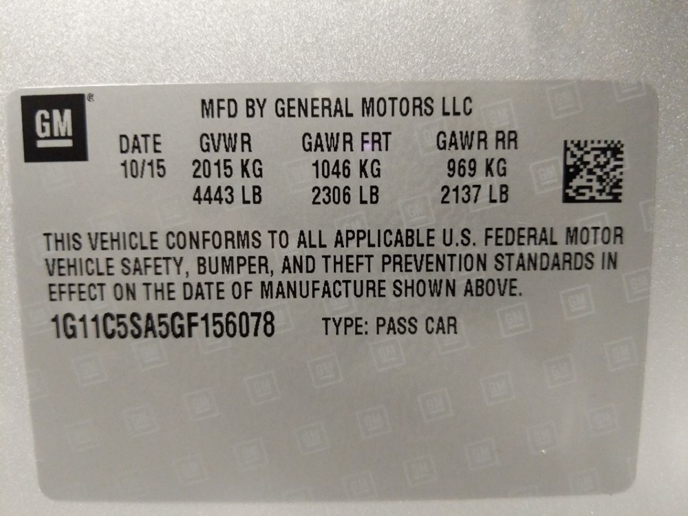 2016 Chevrolet Malibu - VIN Plate