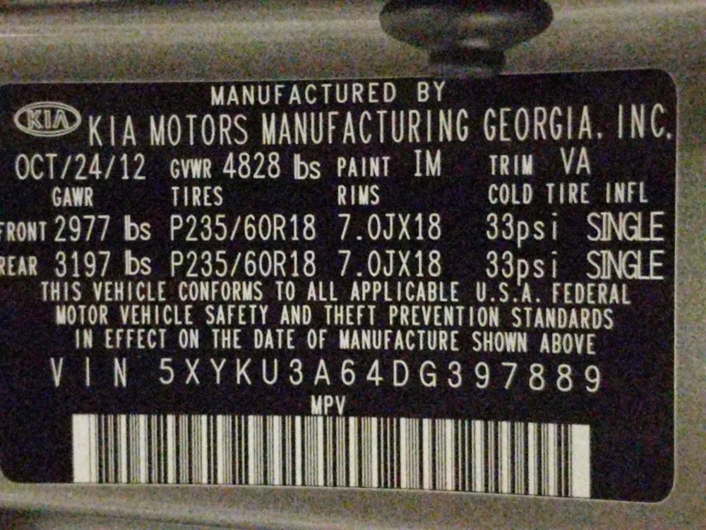 2013 Kia Sorento - VIN Plate