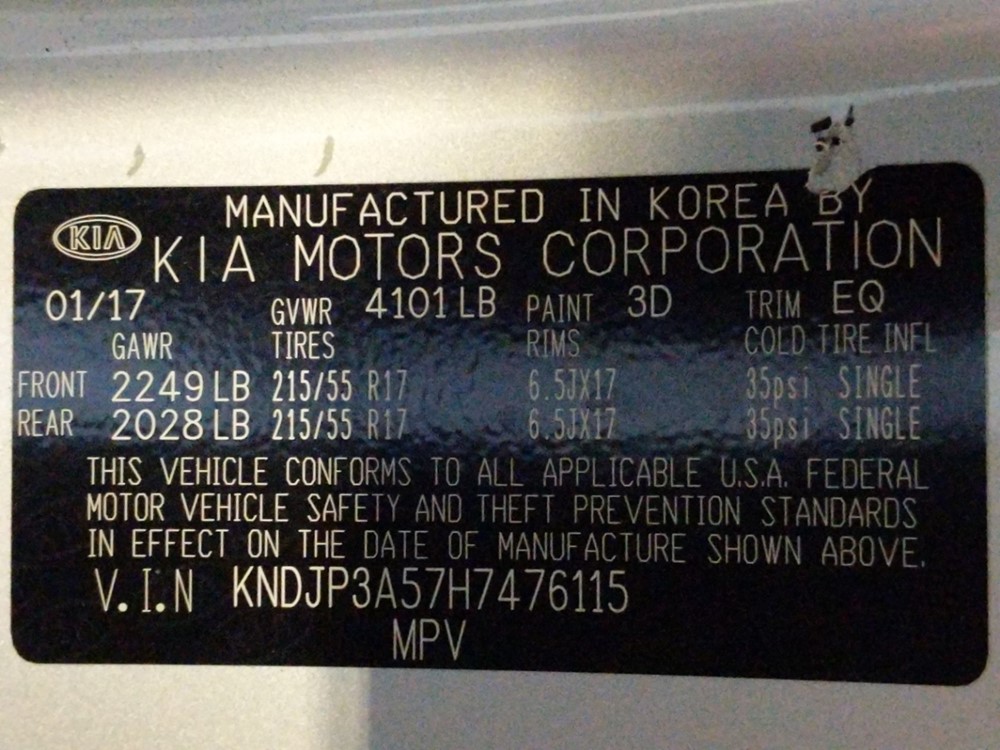 2017 Kia Soul - VIN Plate