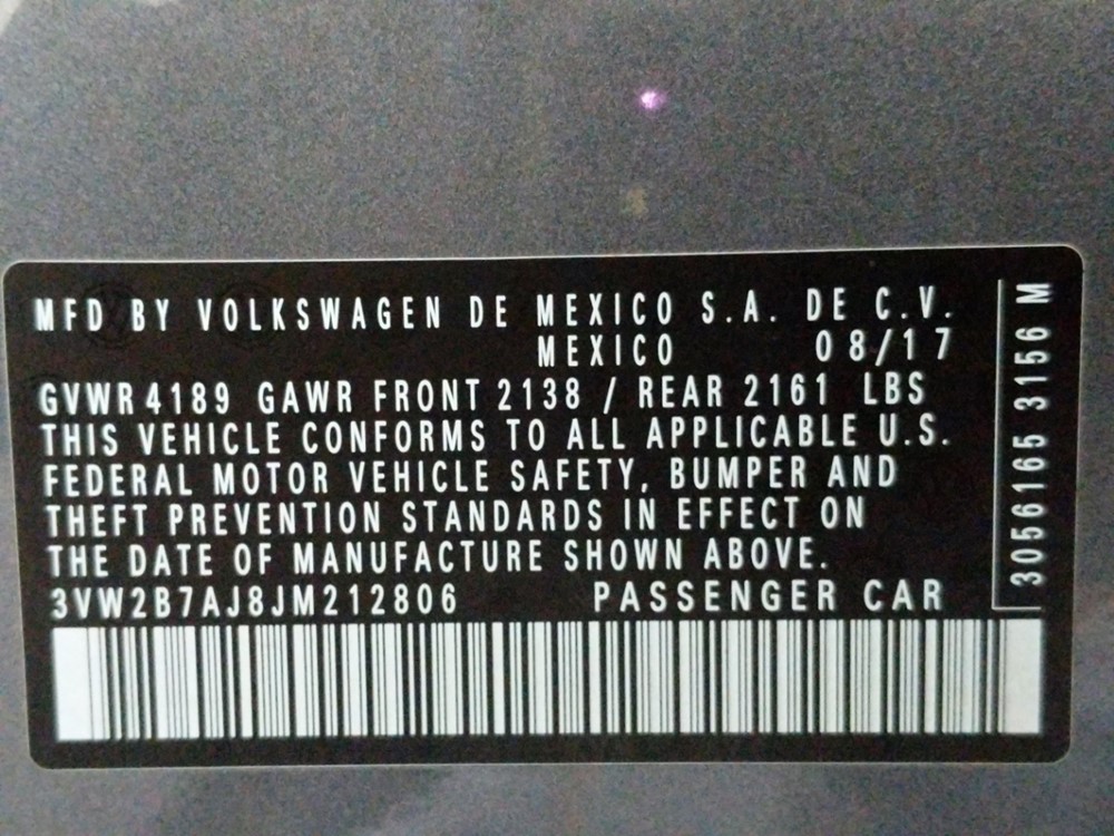 2018 Volkswagen Jetta - VIN Plate