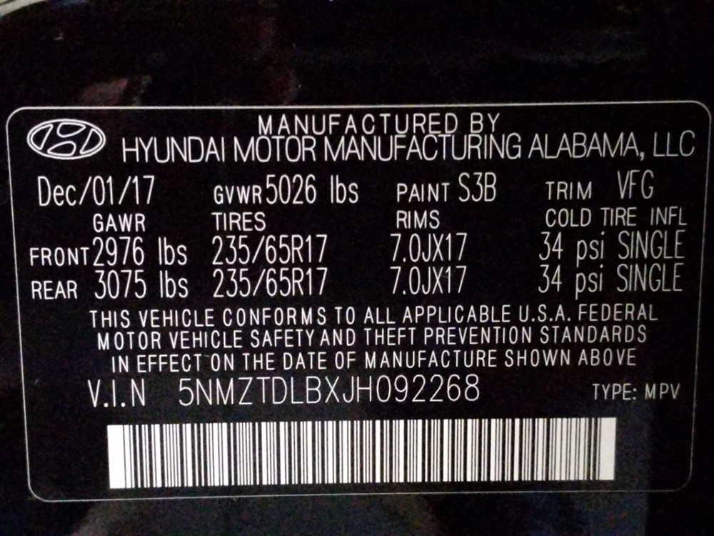 2018 Hyundai Santa Fe - VIN Plate