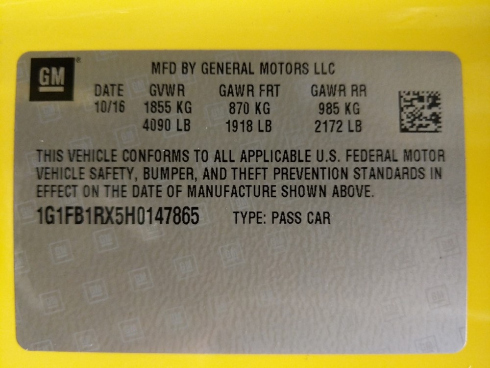 2017 Chevrolet Camaro - VIN Plate