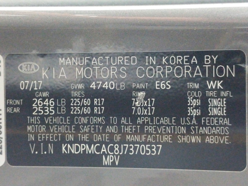 2018 Kia Sportage - VIN Plate