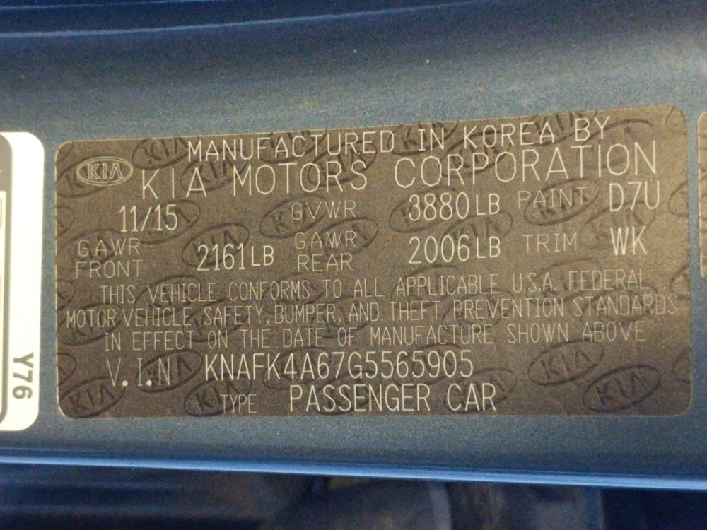 2016 Kia Forte - VIN Plate