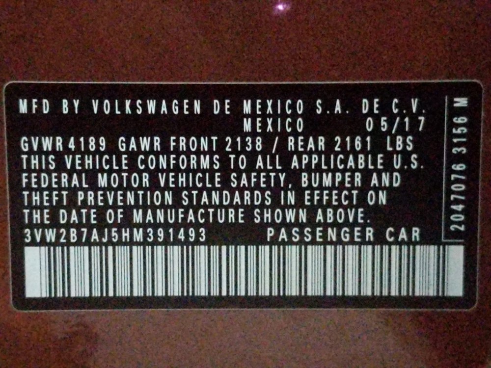 2017 Volkswagen Jetta - VIN Plate