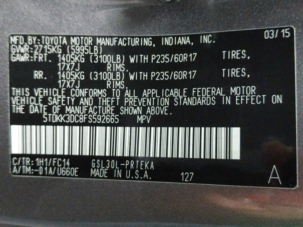 2015 Toyota Sienna - VIN Plate