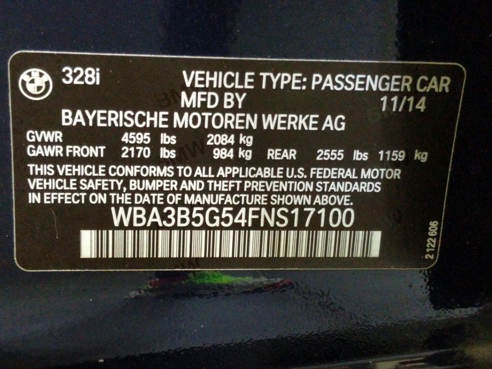 2015 BMW 328i - VIN Plate