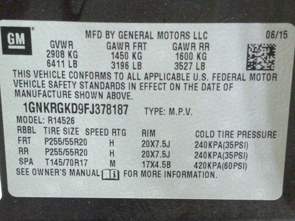 2015 Chevrolet Traverse - VIN Plate