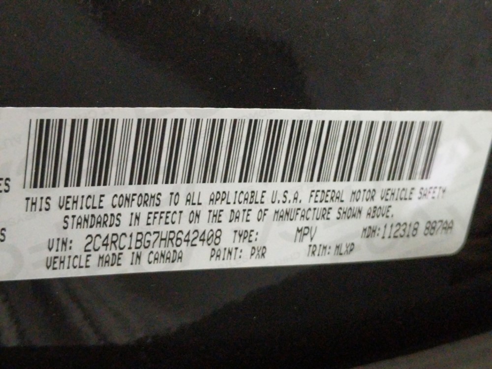 2017 Chrysler Pacifica - VIN Plate