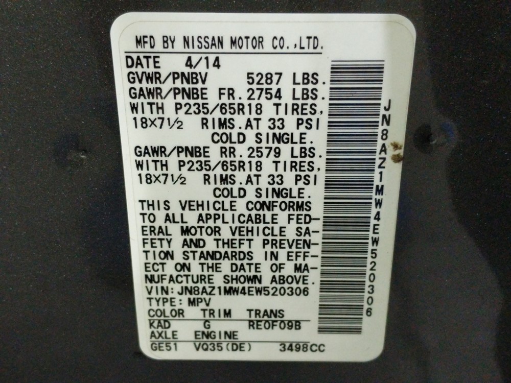 2014 Nissan Murano - VIN Plate