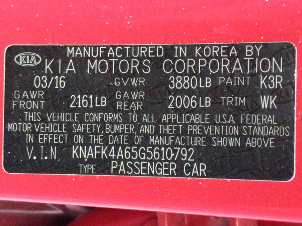 2016 Kia Forte - VIN Plate