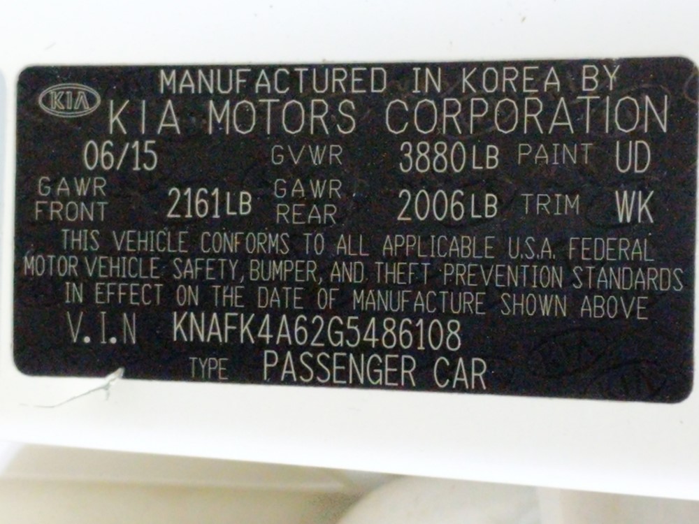 2016 Kia Forte - VIN Plate