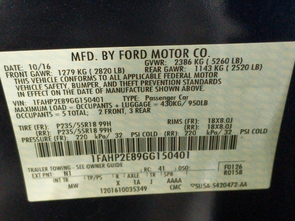 2016 Ford Taurus - VIN Plate