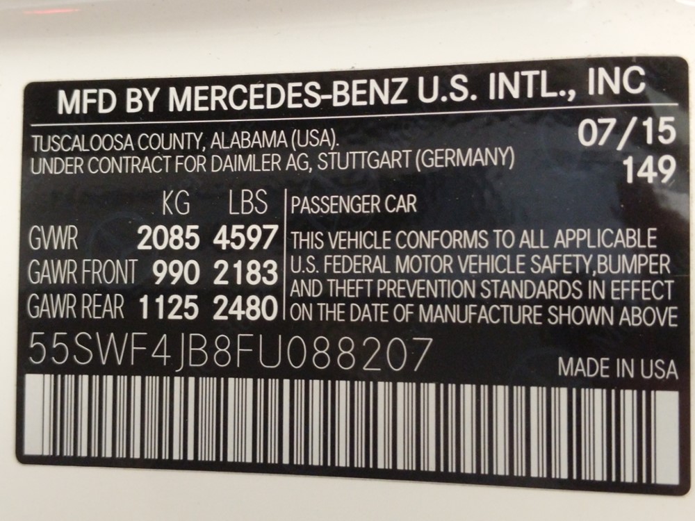 2015 Mercedes-Benz C300 - VIN Plate
