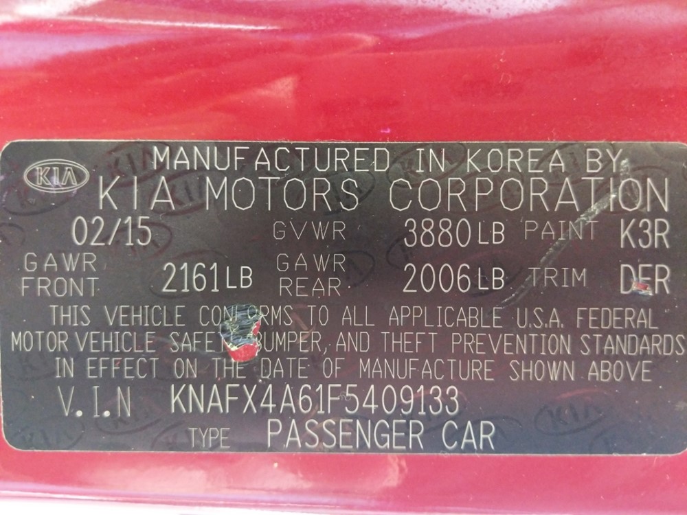 2015 Kia Forte - VIN Plate