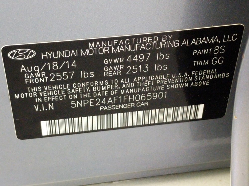 2015 Hyundai Sonata - VIN Plate