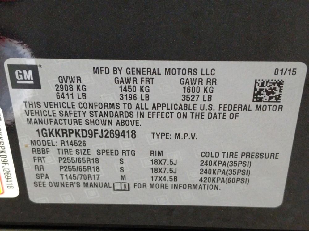 2015 GMC Acadia - VIN Plate