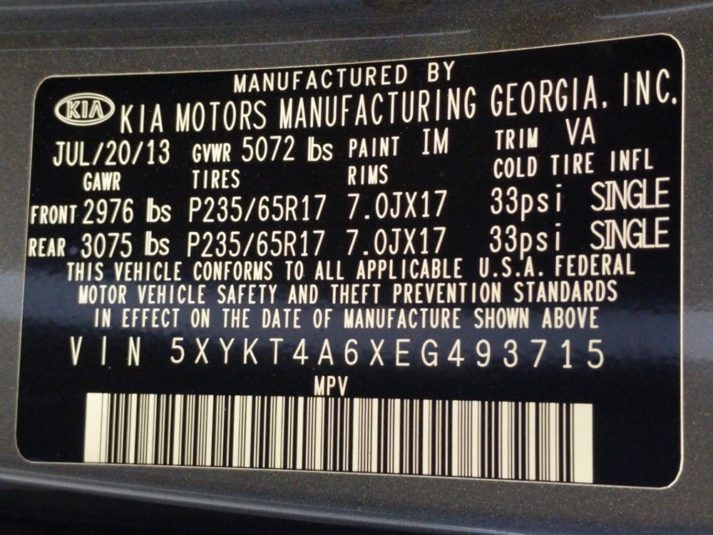 2014 Kia Sorento - VIN Plate