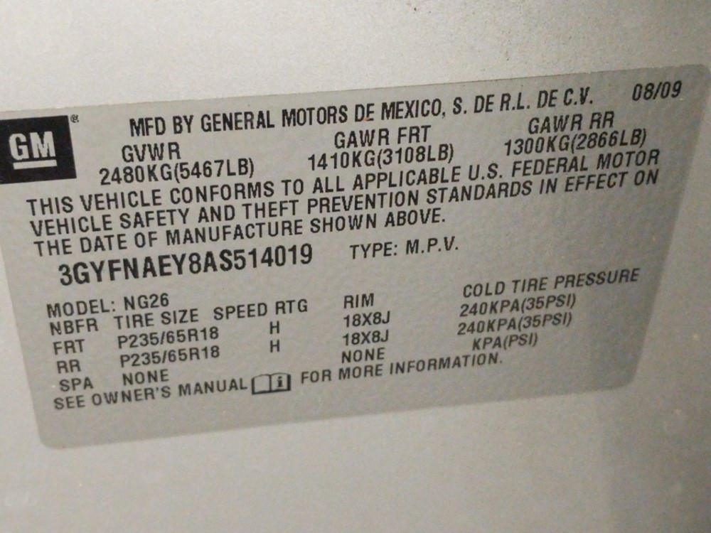 2010 Cadillac SRX - VIN Plate