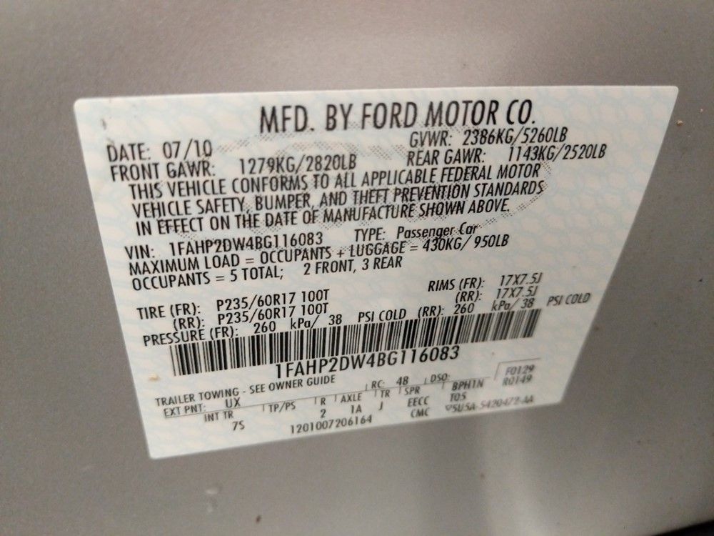 2011 Ford Taurus - VIN Plate