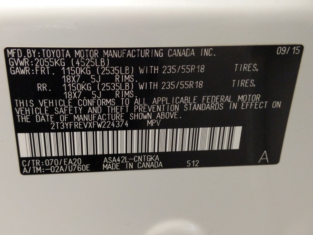 2015 Toyota RAV4 - VIN Plate