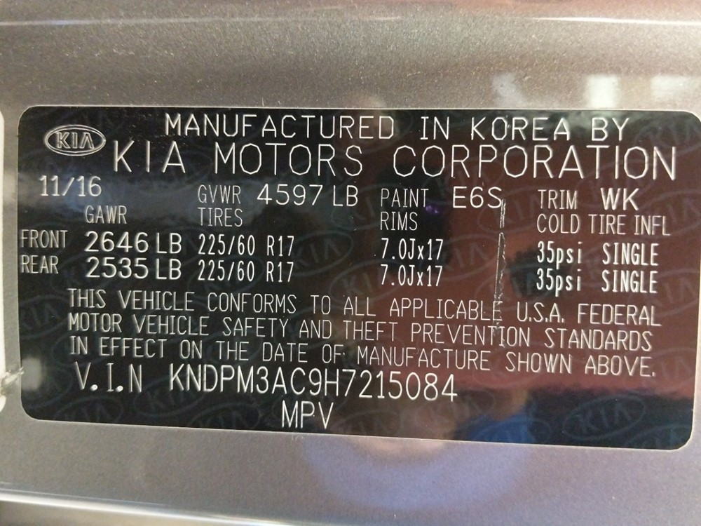 2017 Kia Sportage - VIN Plate