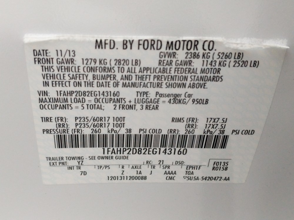 2014 Ford Taurus - VIN Plate
