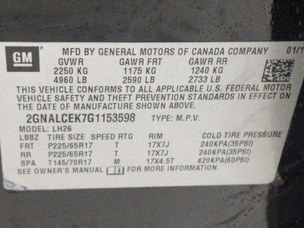 2016 Chevrolet Equinox - VIN Plate